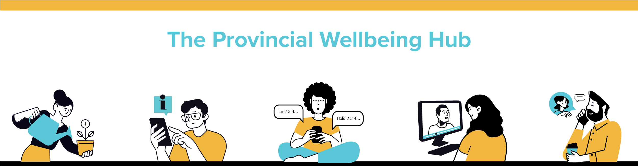 The Provincial Wellbeing Hub - illustrations of adults participating in wellbeing activities