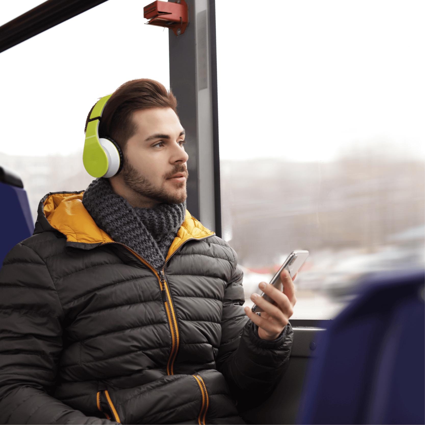 Wellbeing Practices - Man on a bus looks out the window